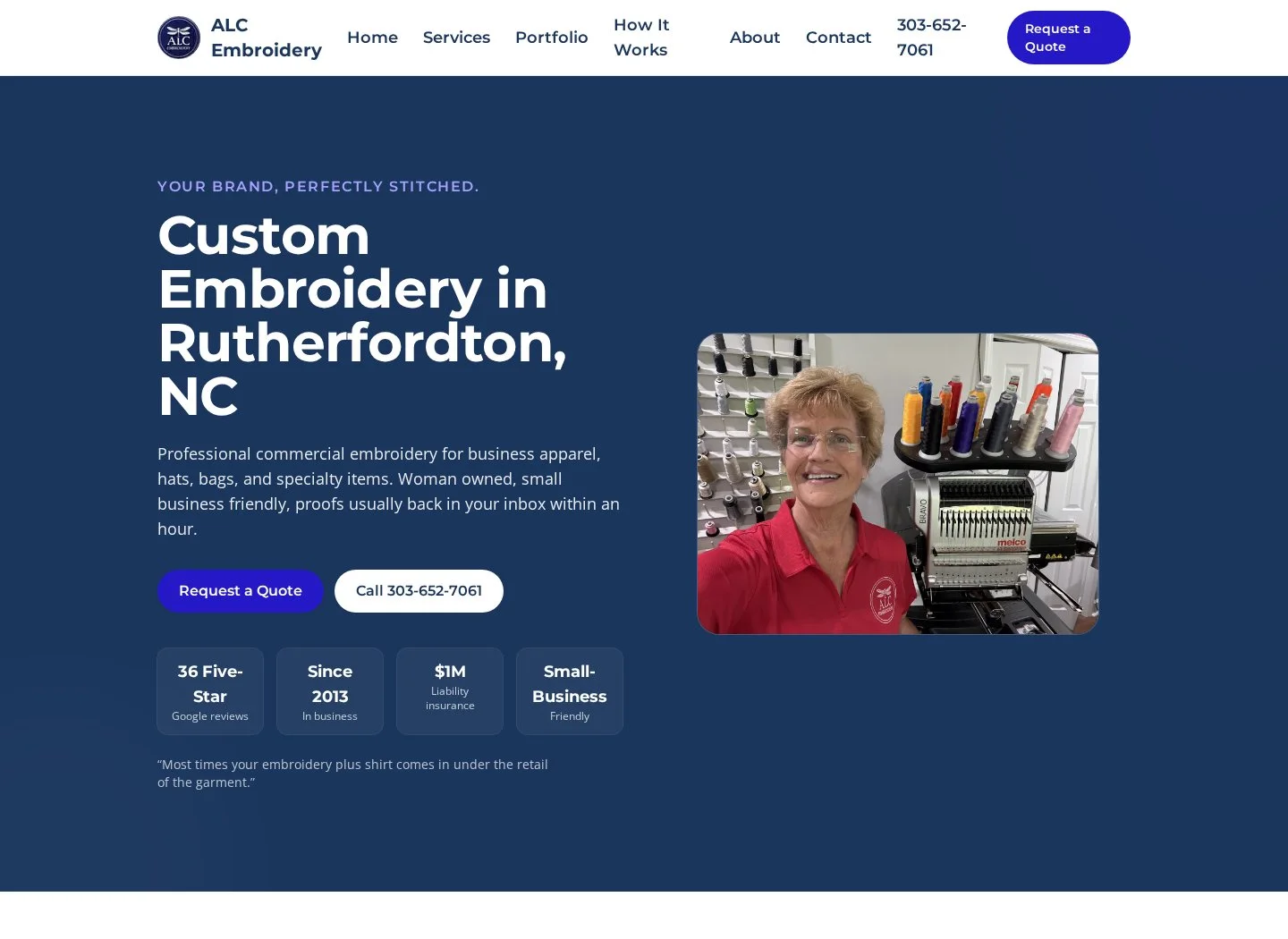 ALC Embroidery website showing custom embroidery services, Linda, and a Request a Quote action