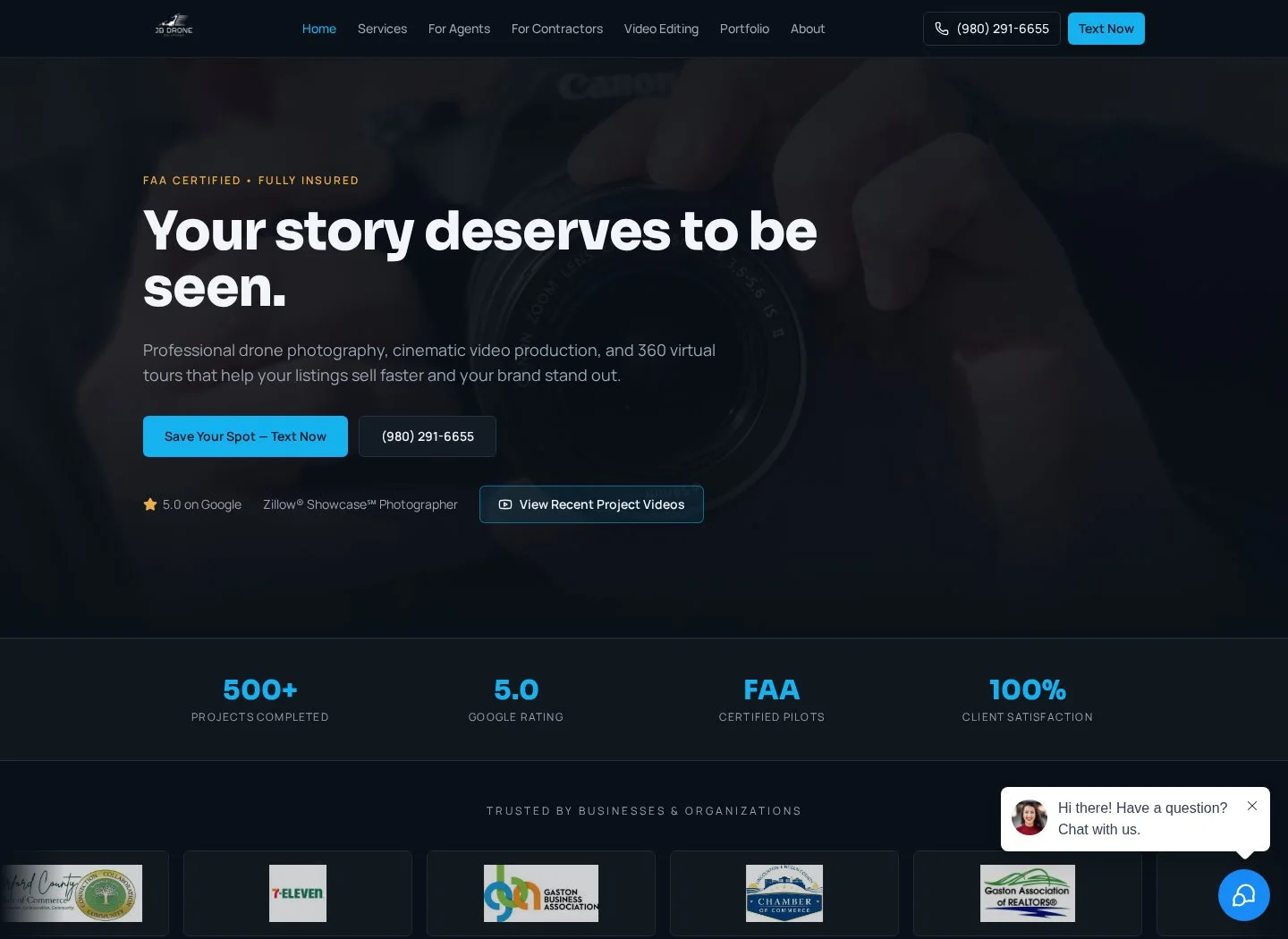JB Drone Solutions website displaying its photography and video presentation with contact actions