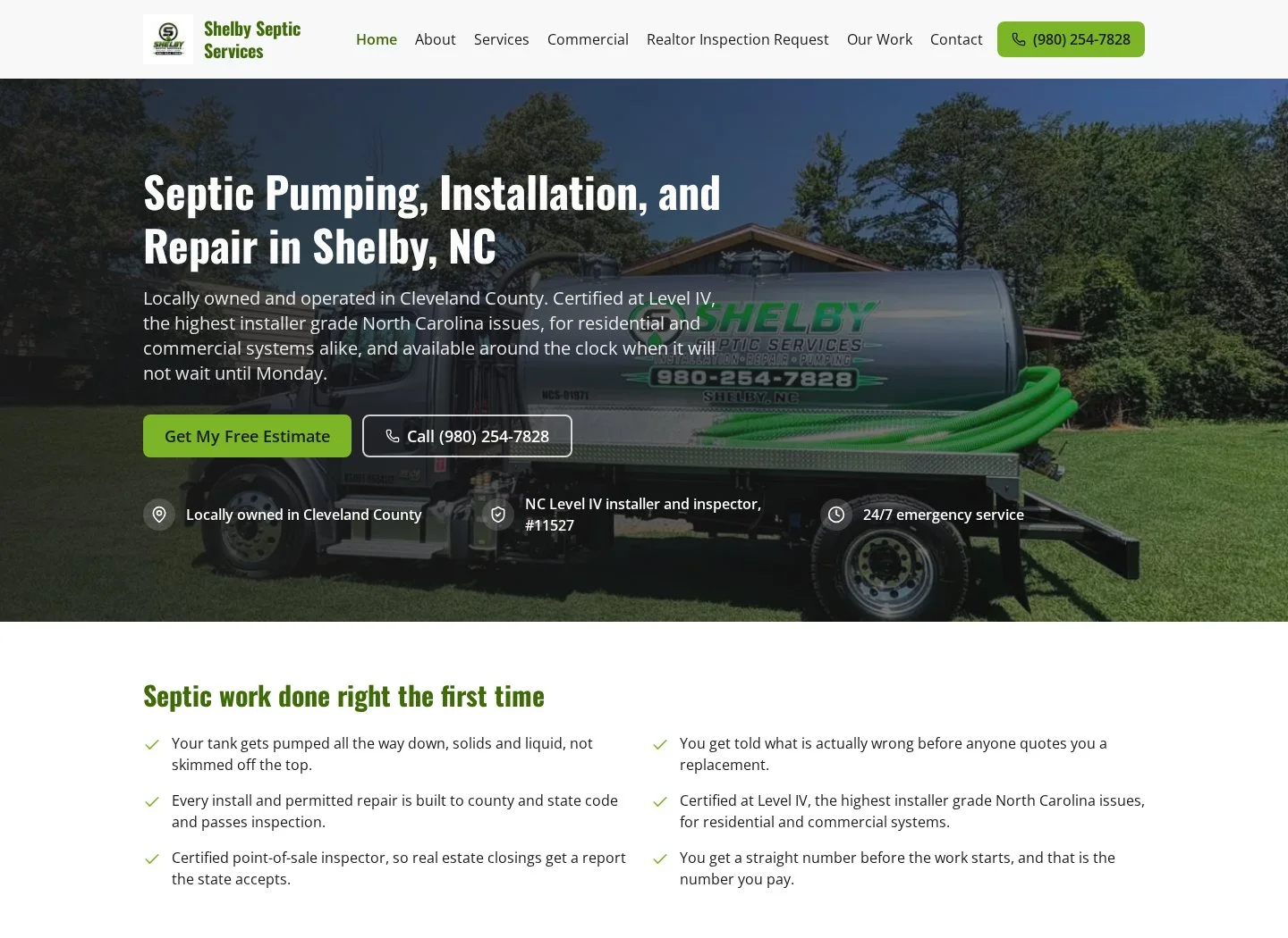 Shelby Septic Services website featuring a real service truck and an estimate request action