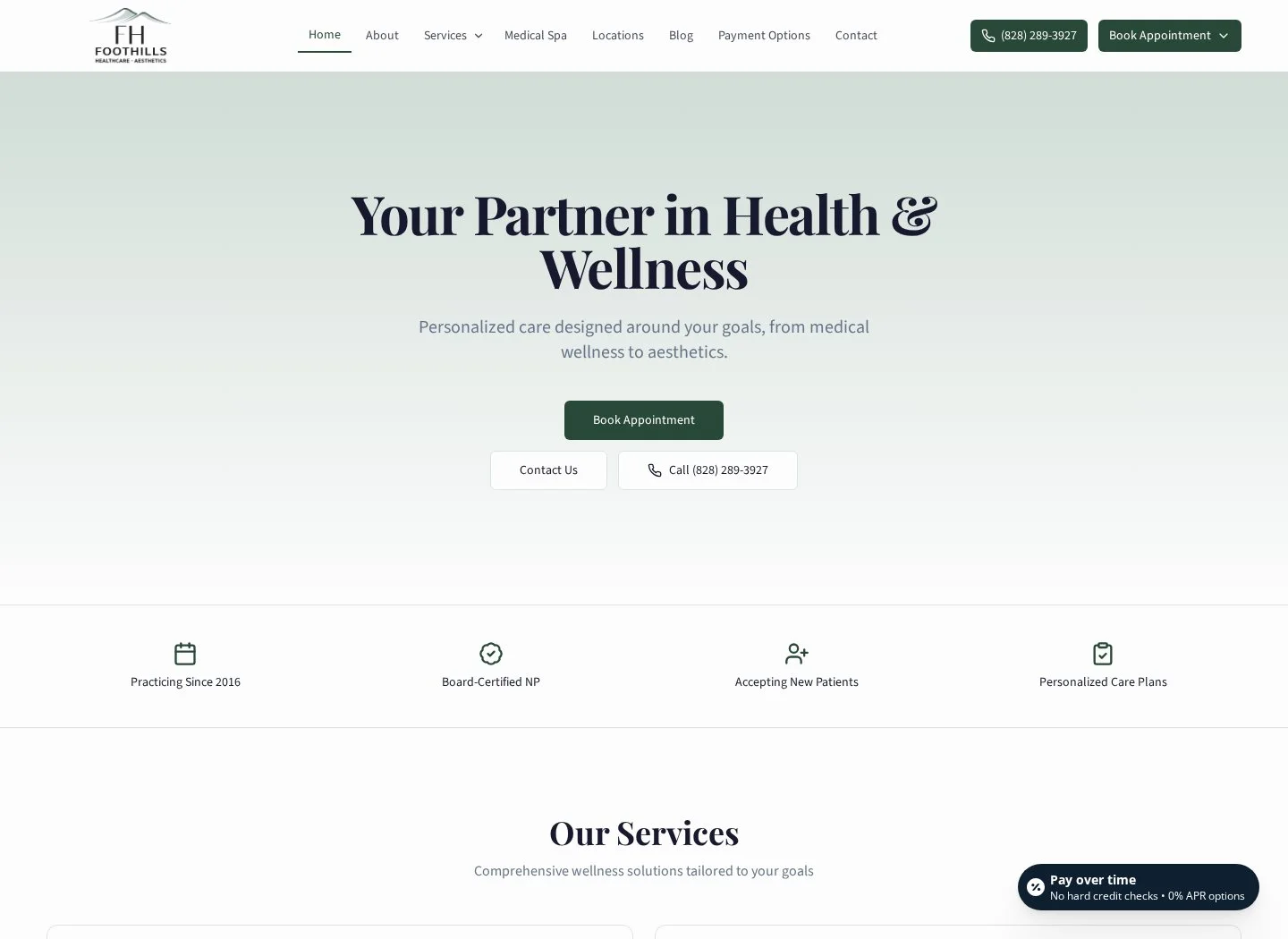 Foothills Healthcare website showing health and wellness services with contact and booking actions
